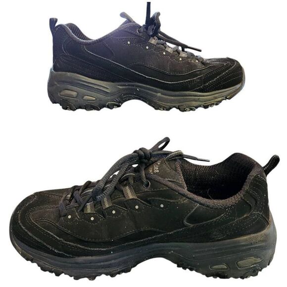 SKECHERS D'Lites Play On Black LEATHER Memory Foam Sneaker Shoes Size 8.5 Lightl - Picture 1 of 4